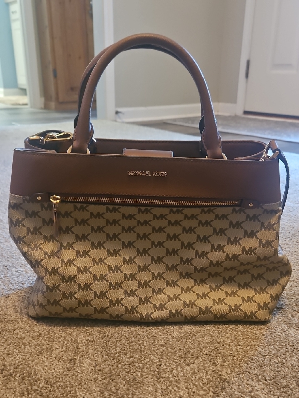 Michael Kors Brown MK Logo Tote with Leather Trim
